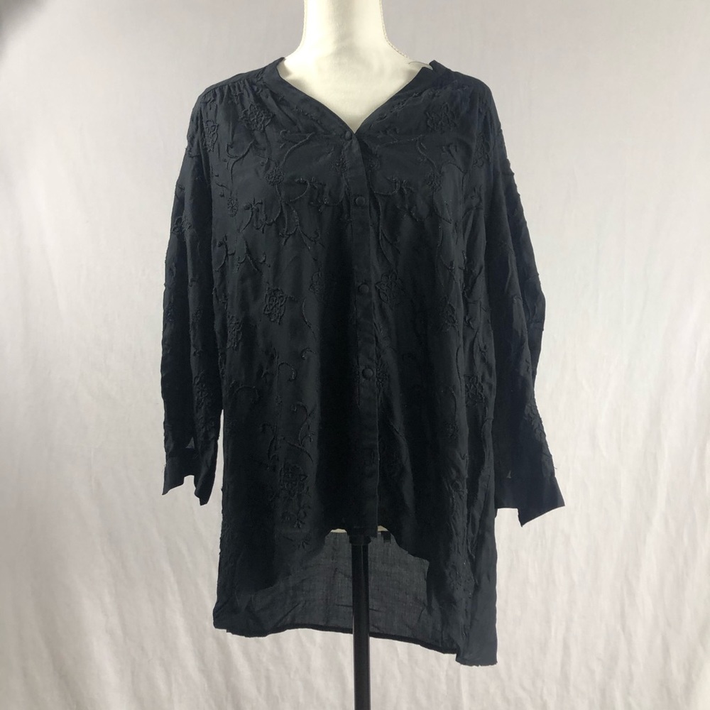 Lucky Brand Black Long Sleeve Button Down Blouse with Floral Embroidery size XL